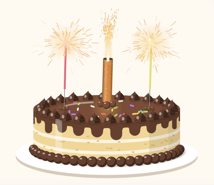 Una torta de chocolate en e-Candle con dos bengalas y una vela fuente